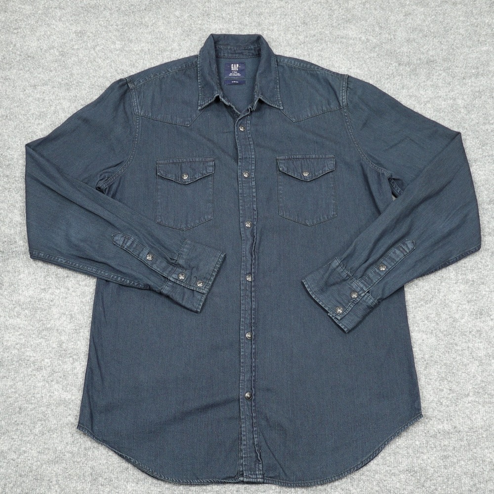 Gap Shirt Mens L Tall Blue Denim Slim Fit Western Pearl Snap Long Sleeve